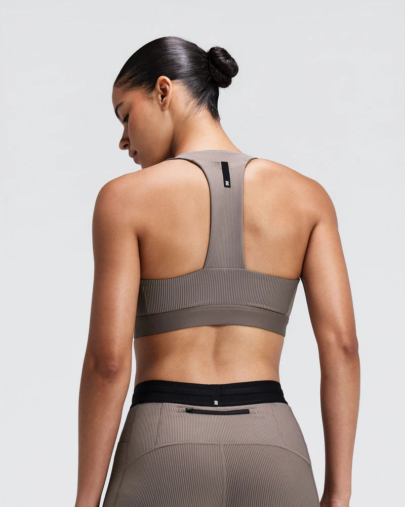 W Striped Cadence Scoop Neck T-Back Run Bra | Concrete Taupe / Cocoa