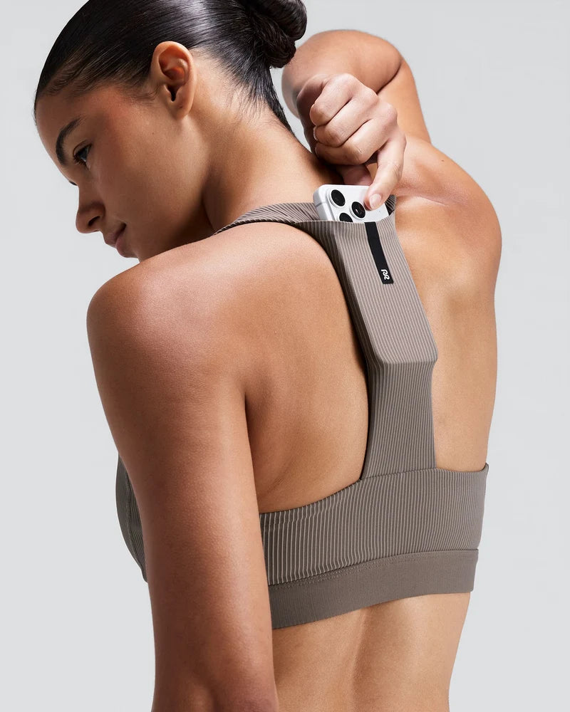 W Striped Cadence Scoop Neck T-Back Run Bra | Concrete Taupe / Cocoa