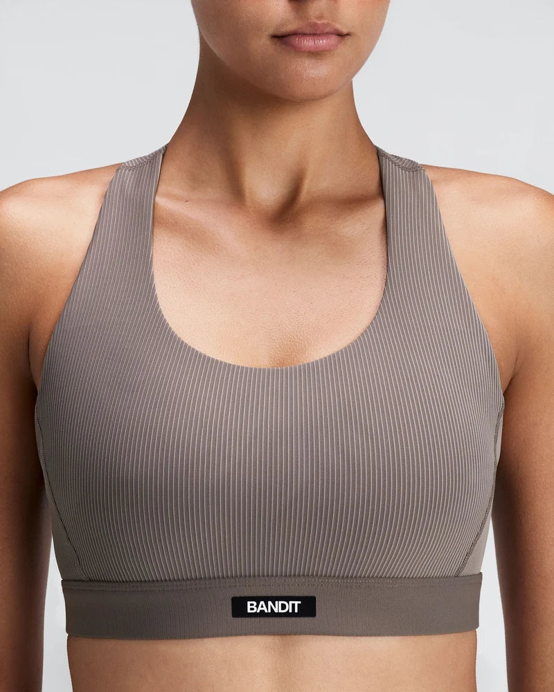 W Striped Cadence Scoop Neck T-Back Run Bra | Concrete Taupe / Cocoa