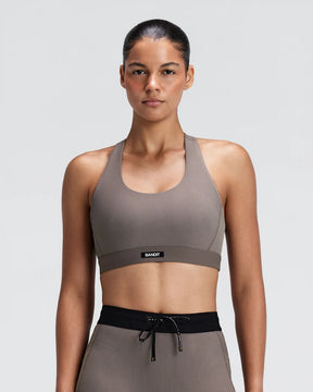 W Striped Cadence Scoop Neck T-Back Run Bra | Concrete Taupe / Cocoa