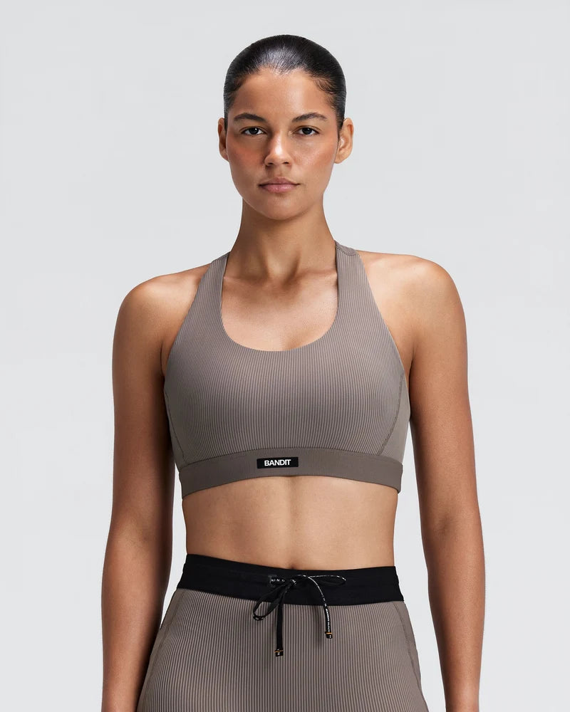 W Striped Cadence Scoop Neck T-Back Run Bra | Concrete Taupe / Cocoa